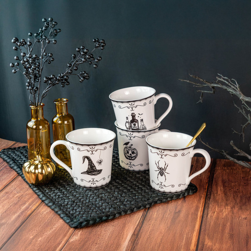 222 Fifth Elegant Haunting 4-Piece White Porcelain Halloween Mug